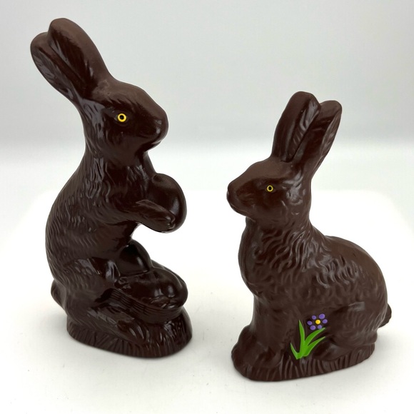 Vintage Dept 56 Ceramic Faux Chocolate Brown Easter Bunnies Spring Rabbits Set/2 - Picture 1 of 10